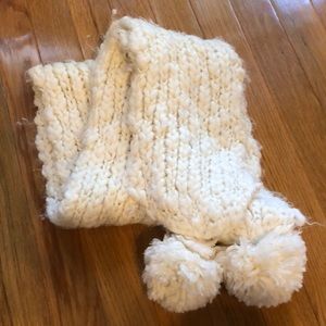 Vintage Cream scarf with metallic thread and pom poms